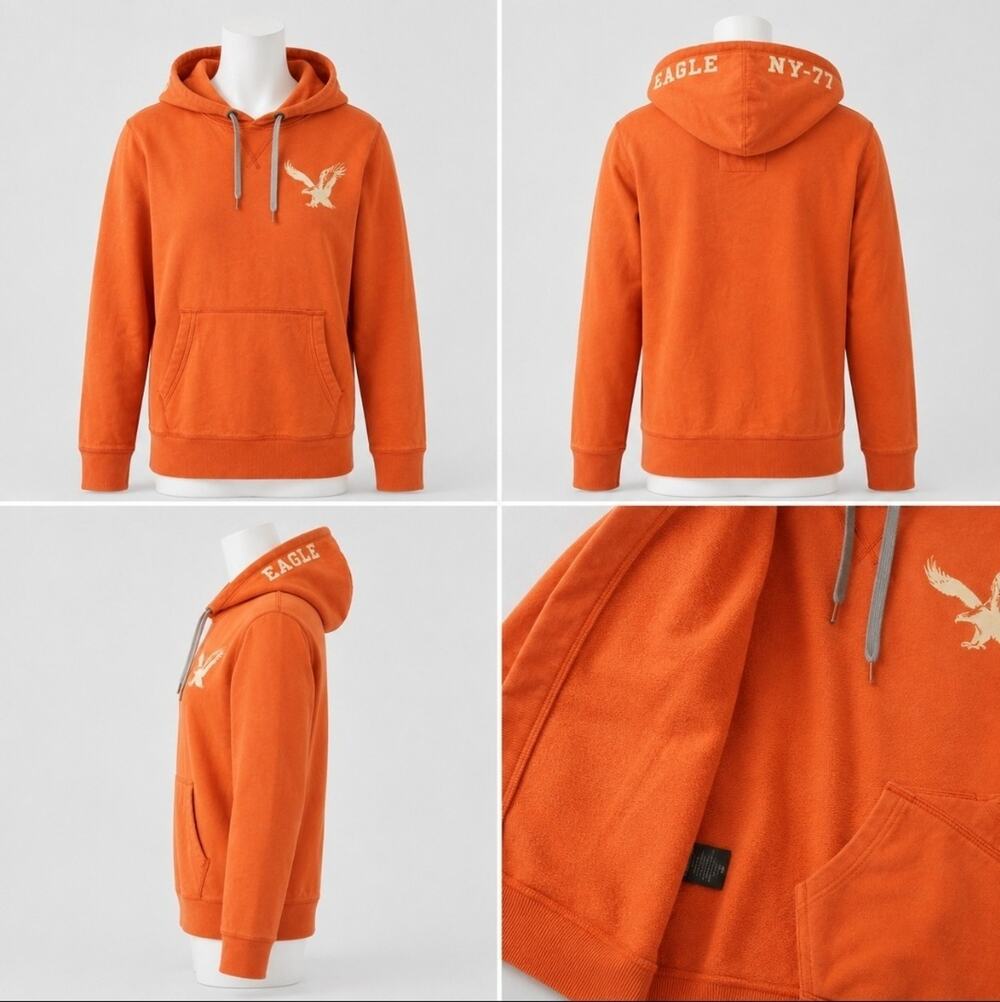 American Eagle AEO Vintage Men’s Orange Fleece Pullover Hoodie Logo Pockets S